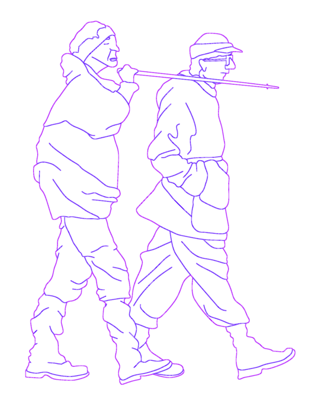 Two elderly men walking outdoors side elevation view