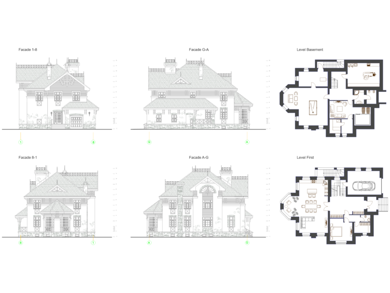 Two Floor Plans and Four Exterior Elevations for Villa 7