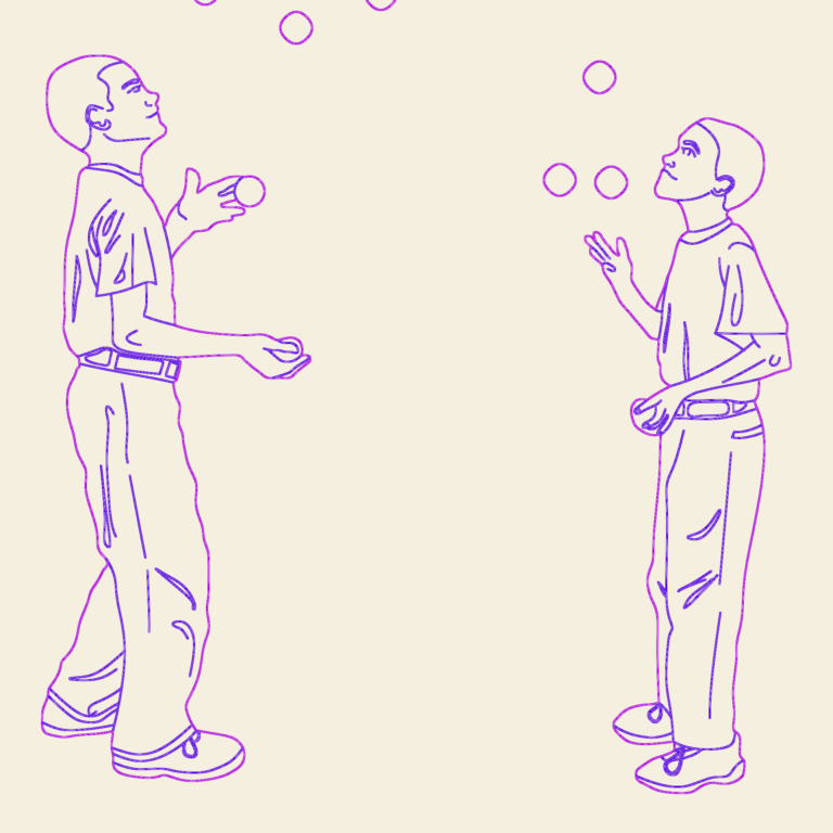 Side elevation silhouettes of two people juggling balls.