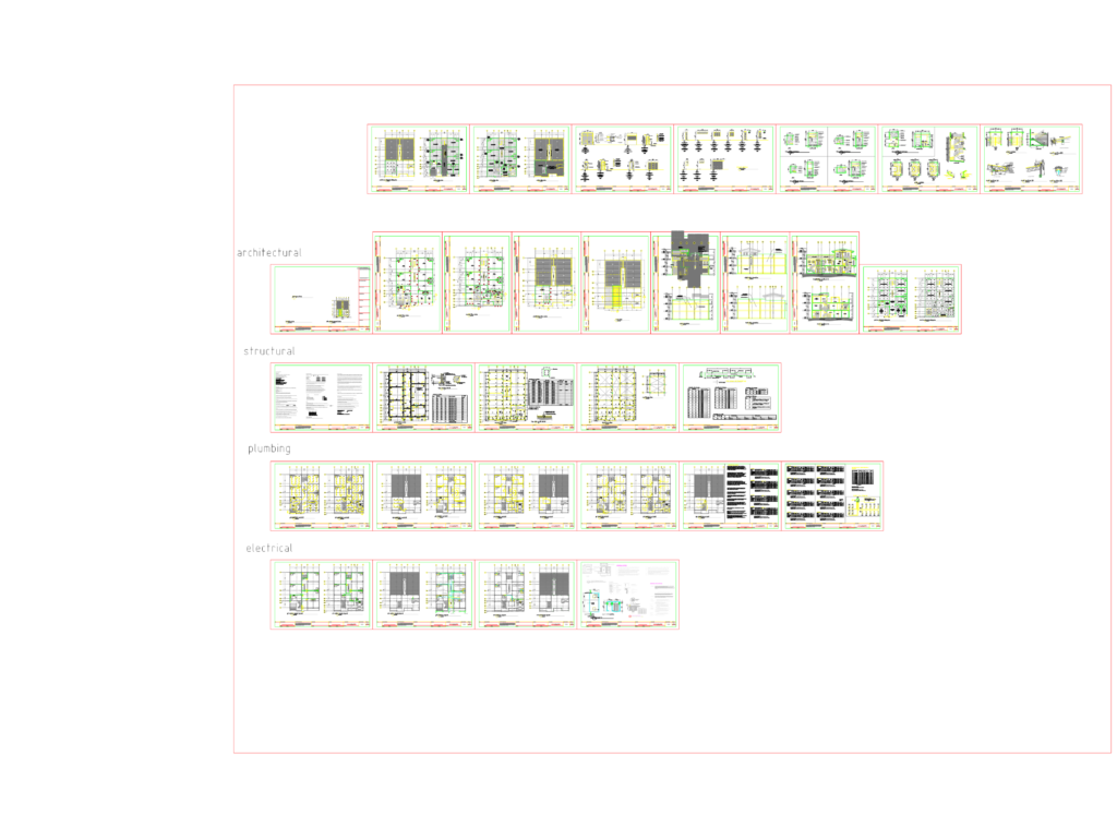 Complete set of architectural, structural, electrical, and plumbing drawings for a two-storey apartment building.