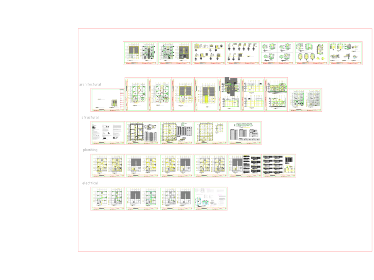 Complete set of architectural, structural, electrical, and plumbing drawings for a two-storey apartment building.