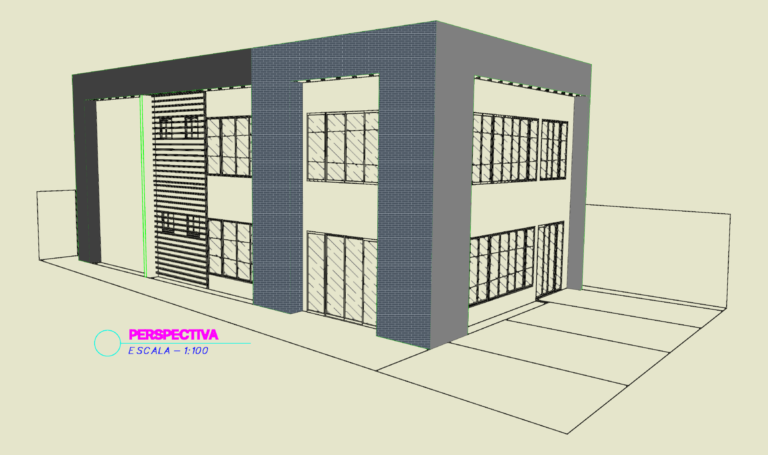 Floor plan and 3D perspective of a two-story medical clinic with parking spaces and building sections.
