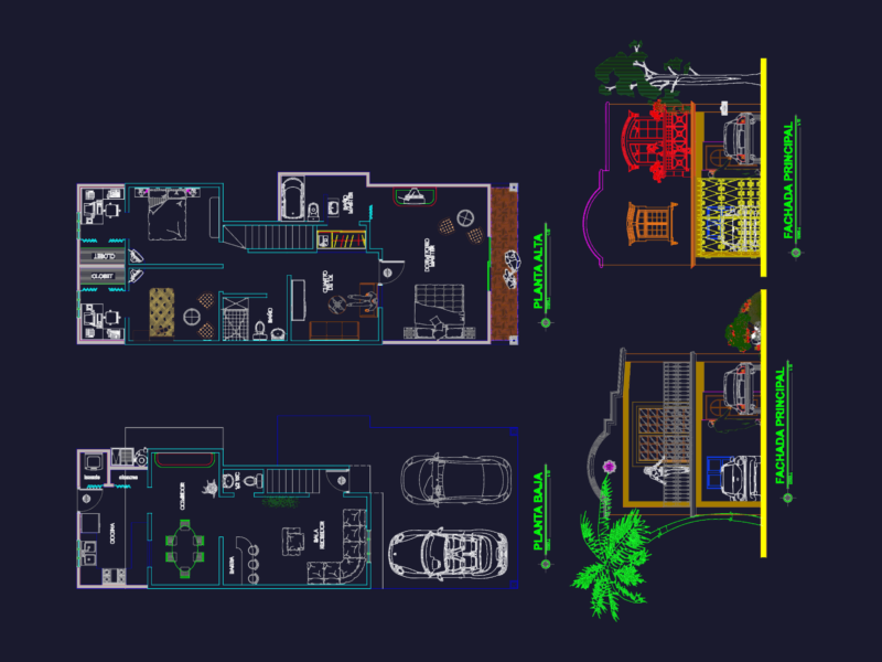 Two Story Villa Floor Plans and Main Elevation