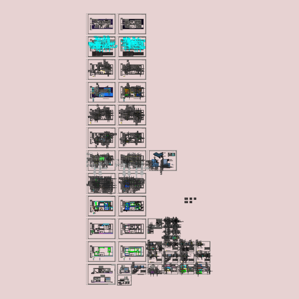 CAD layout for a two-story residence showing technical plans, plumbing points, and architectural details.