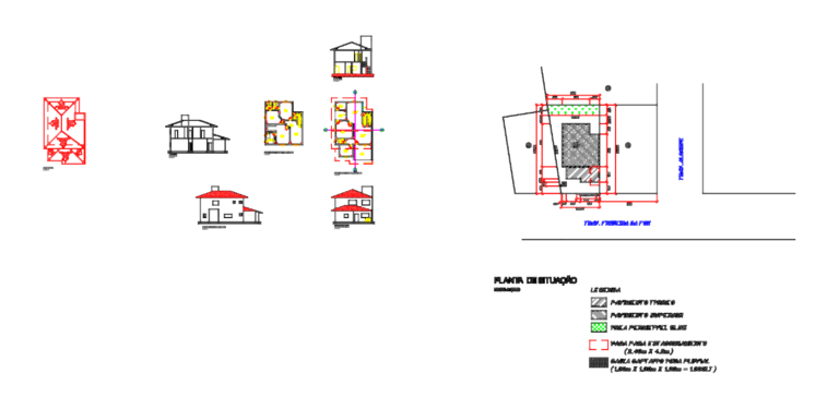 Full architectural project of a two-story house including floor plans, elevations, and sections.