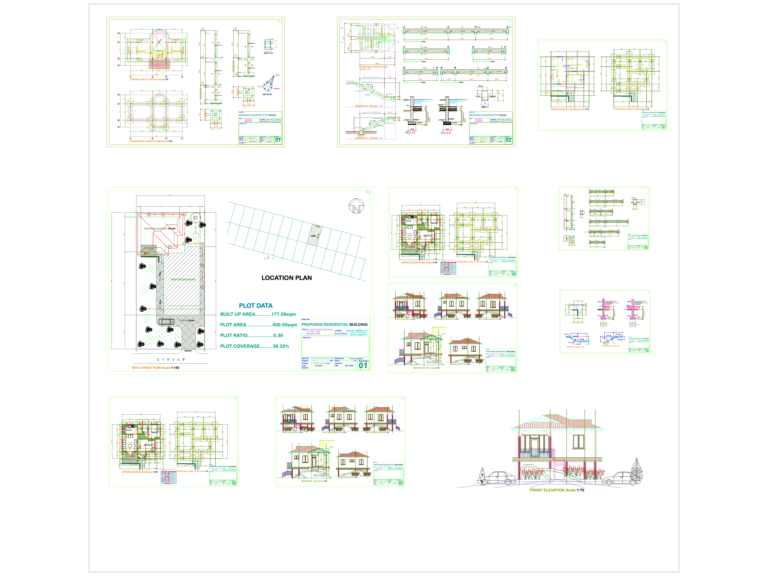 Architectural floor plans, site layout, and structural foundation details for a two-story residential building.