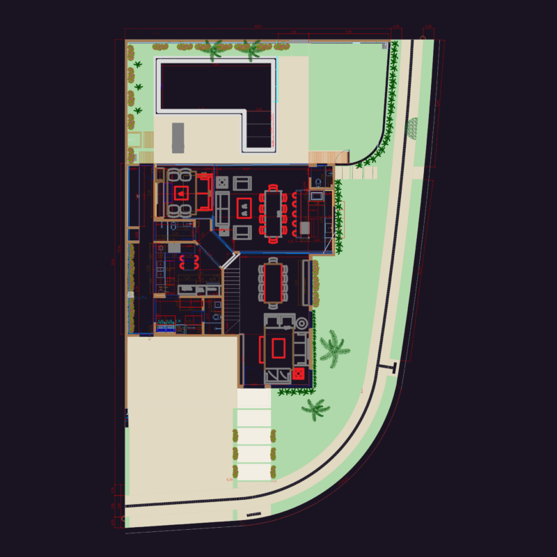 Two-Story Residential House Project With Garden And Swimming Pool Layout