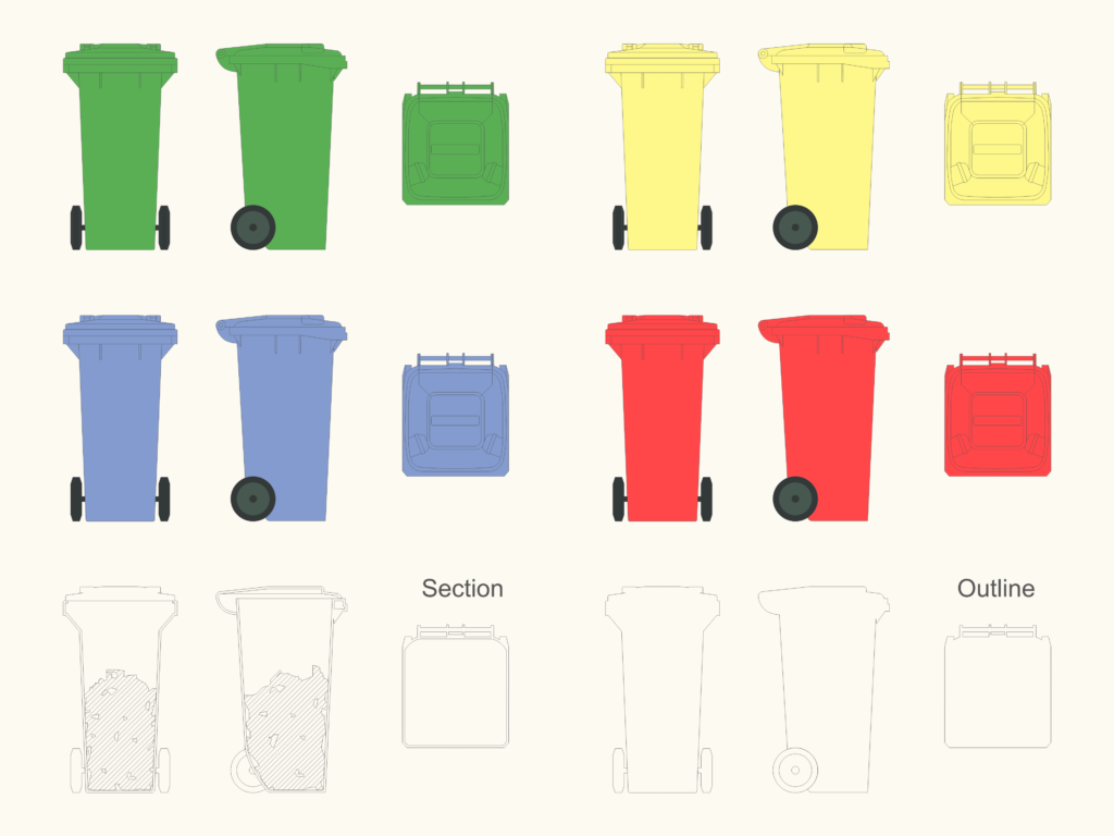 2D CAD blocks of garbage bins in various colors showing front, side, and top plan views with section details.