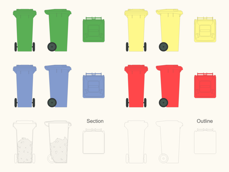 2D CAD blocks of garbage bins in various colors showing front, side, and top plan views with section details.