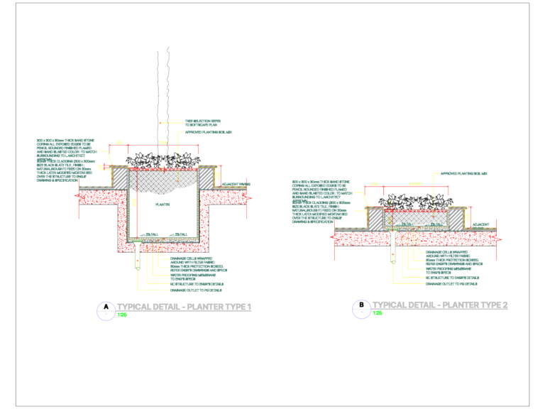CAD section drawings of two planter box types showing drainage, soil, and stone cladding details.