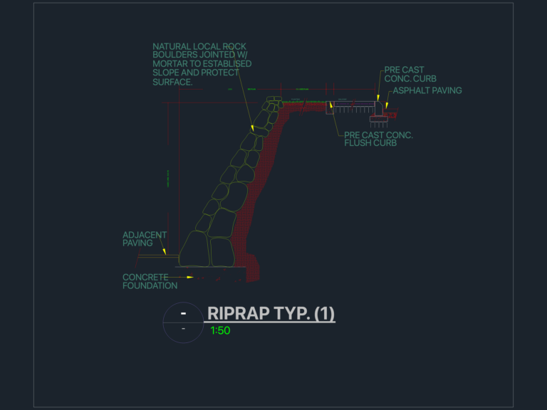 Typical section drawing of a riprap slope with rock boulders, concrete curb, and asphalt walkway.