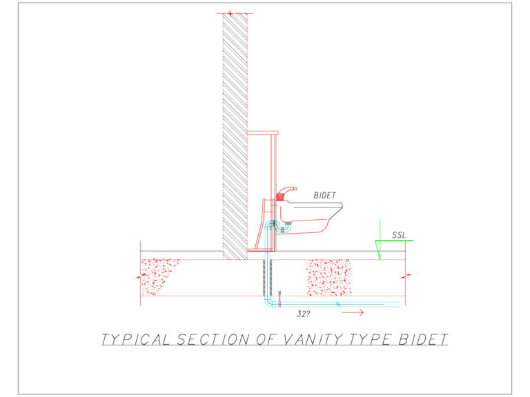 Section drawing of a wall-mounted vanity bidet with plumbing connections and floor slab detail.