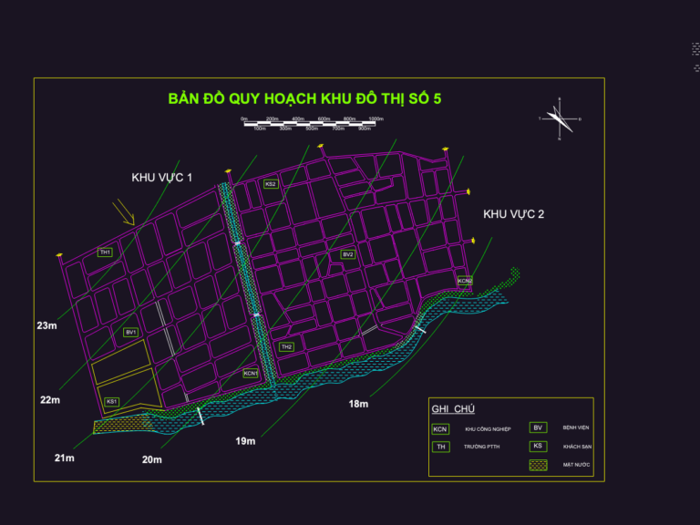 Urban master plan for Khu Do Thi No. 5 showing road network and color-coded land use zones.