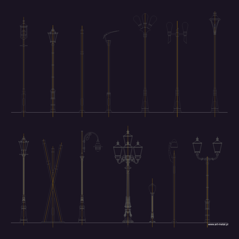 Art Metal Street Lamp Side Elevations DWG