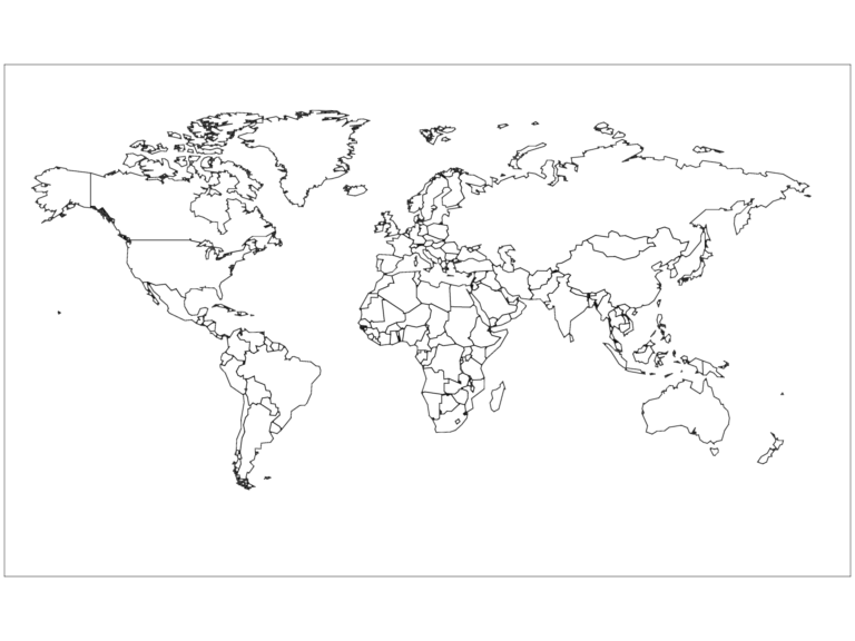 2D world map CAD drawing showing individual country border outlines and continents.