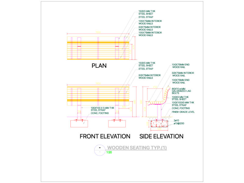 Outdoor wooden bench typical section and elevation details