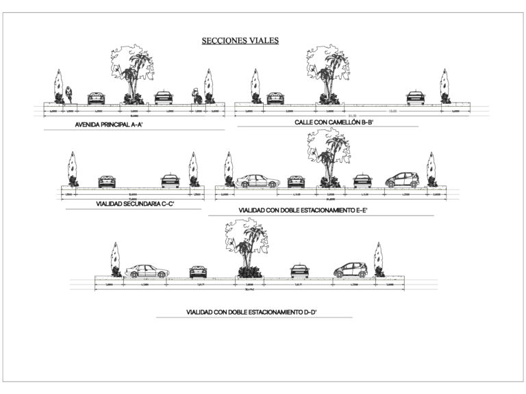 Technical drawing showing five typical urban road cross sections with parking, sidewalks, and medians.