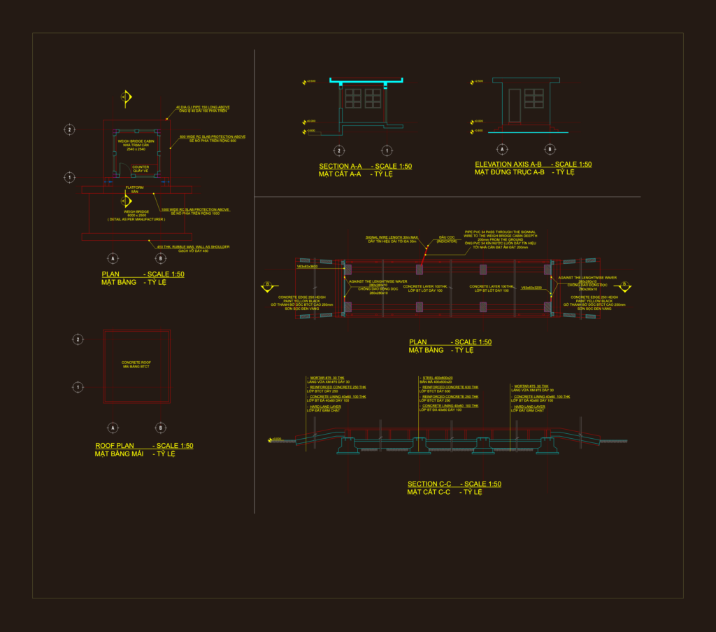 CAD layout showing the floor plan, elevation, and cross-sections of a small weigh bridge cabin and truck scale foundation.