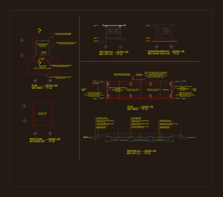 CAD layout showing the floor plan, elevation, and cross-sections of a small weigh bridge cabin and truck scale foundation.