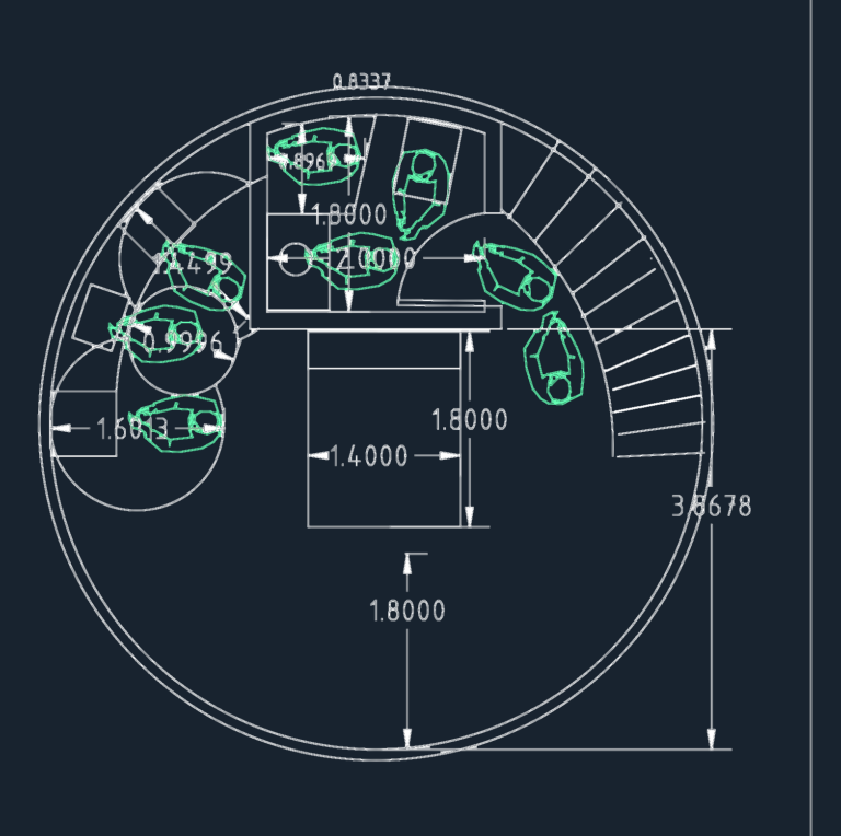 Floor plan and sectional elevation of a small circular dome cabin showing interior desk, stairs, and human scale figures.