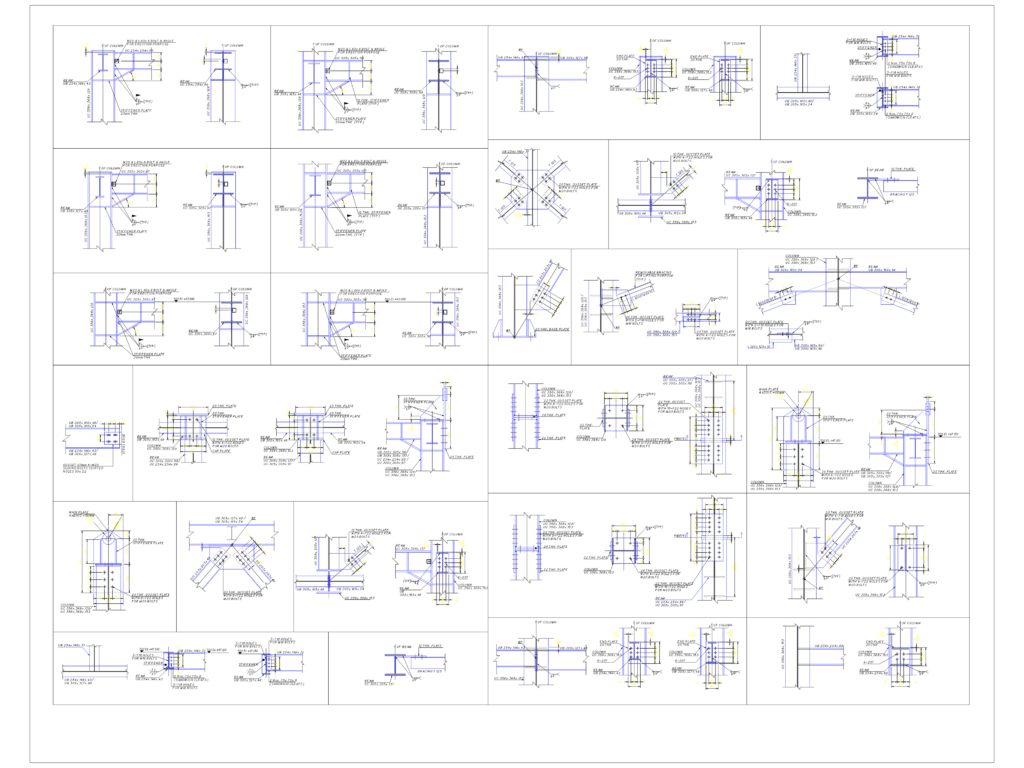 Structural steel CAD details showing beam-to-column connections, gusset plates, and bracing with metric dimensions.