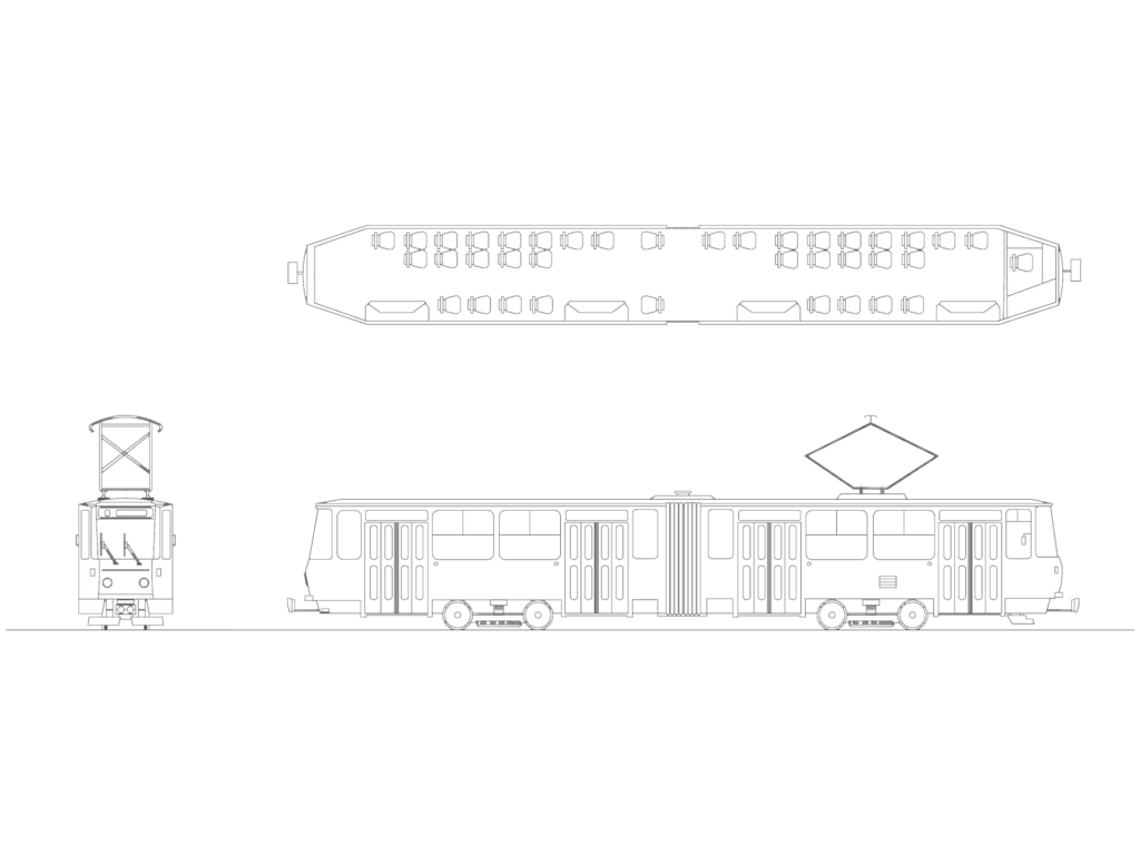 2D CAD drawing showing top, side, and front views of an articulated streetcar with interior seating.
