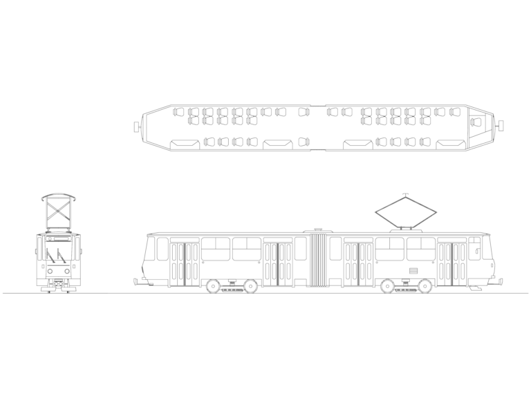 2D CAD drawing showing top, side, and front views of an articulated streetcar with interior seating.