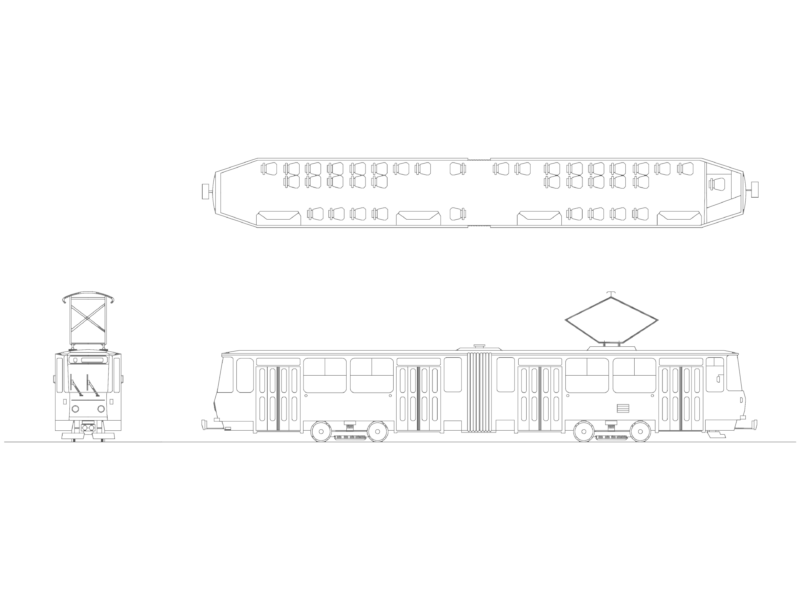 Light Rail Vehicle with Side Elevation and Interior Seating Plan