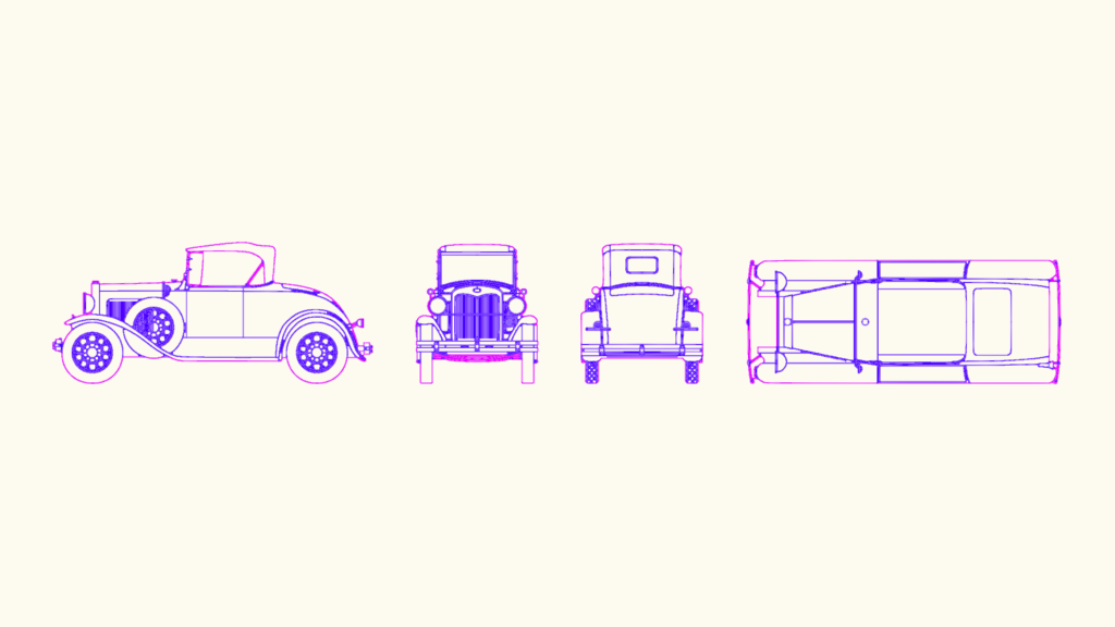 CAD elevations of a vintage Ford Model T showing front, side, and rear views.