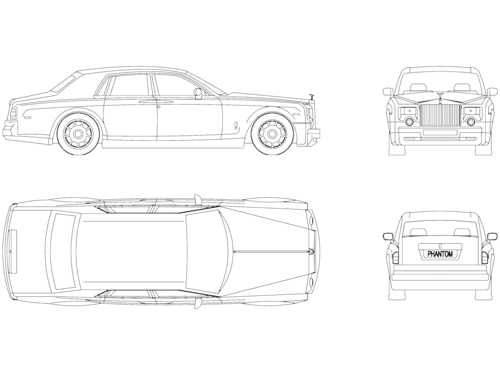Four 2D CAD views of a 2004 Rolls Royce Phantom including side, front, and rear elevations and a top plan view.