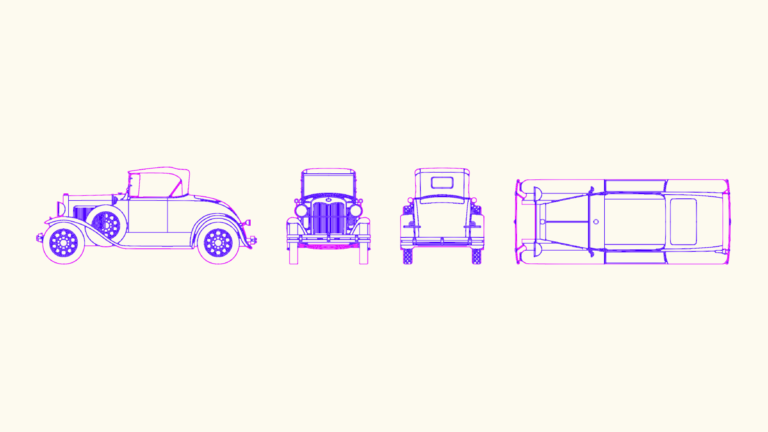 CAD elevations of a vintage Ford Model T showing front, side, and rear views.