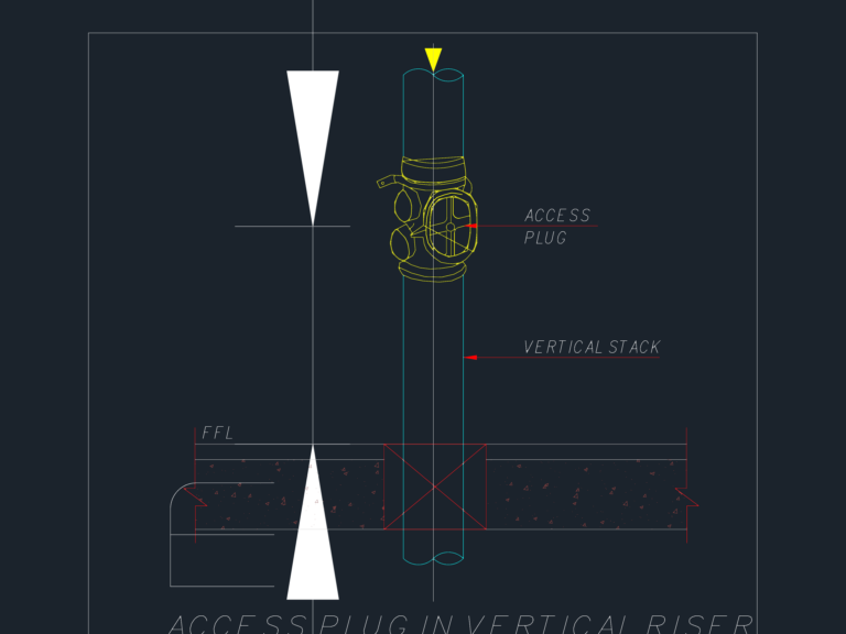 CAD drawing of a vertical plumbing stack with an access plug fitting above a concrete floor slab.