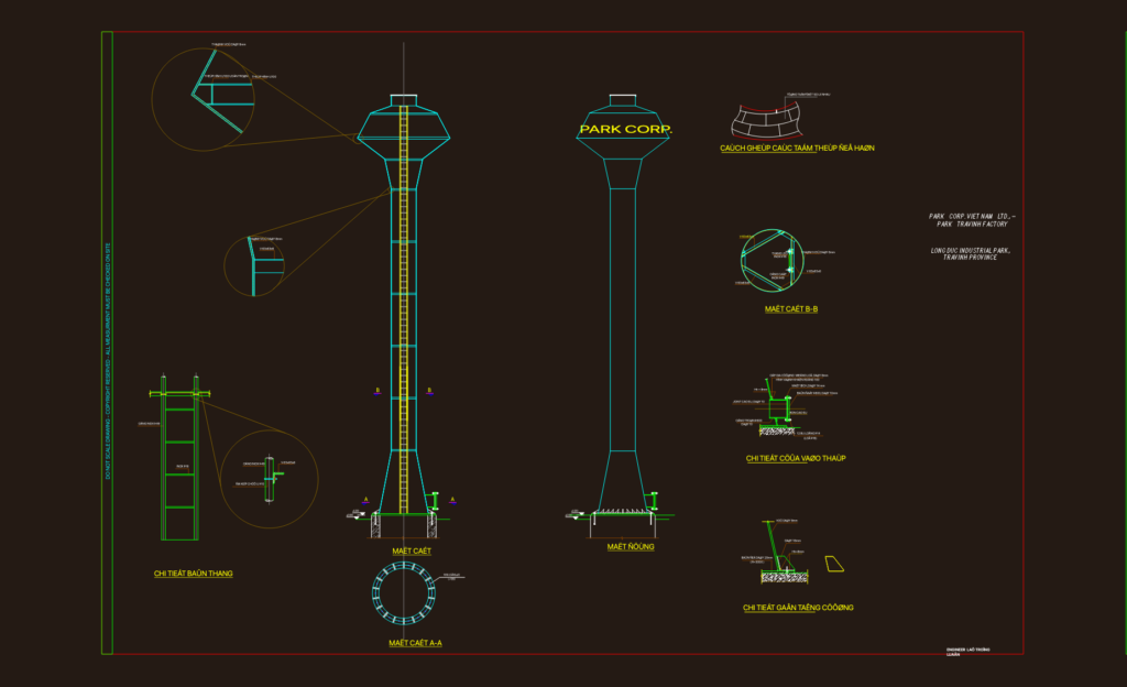 Structural CAD drawing showing the elevation and pile foundation details of an industrial water tower.