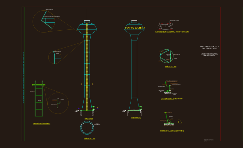 Vietnam water tower elevation and structural foundation details