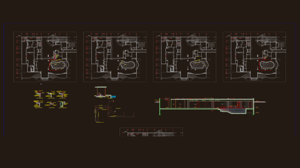 Technical CAD drawing showing villa elevations and detailed swimming pool pump room sections.