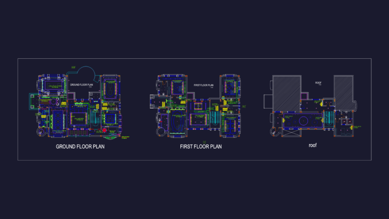Detailed HVAC shop drawings for a three-story villa showing ductwork and equipment layout.