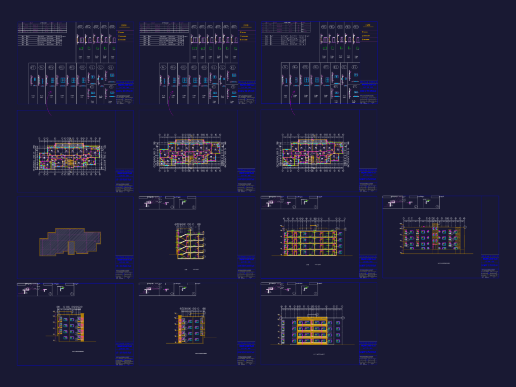 Multi-story village residential floor plans and elevations showing basement, ground, and upper floors.