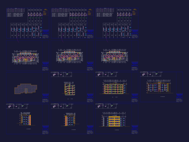 Multi-story village residential floor plans and elevations showing basement, ground, and upper floors.