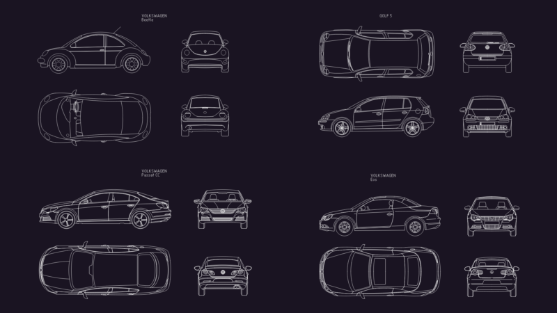 Volkswagen car models with plan and elevation views