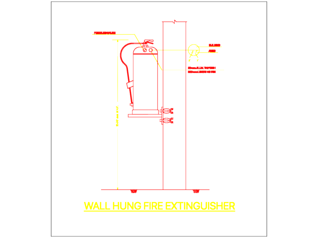 CAD elevation drawing of a wall-hung fire extinguisher with mounting height and ID tag dimensions.