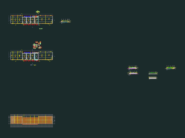 Technical CAD drawing showing industrial warehouse floor plans with firefighting equipment and loading dock layouts.