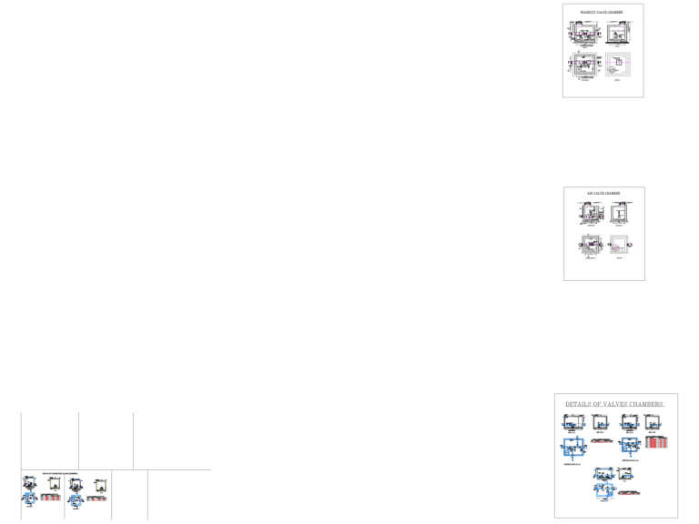 Technical CAD drawing of washout and air valve chamber sections, plans, and dimension tables for water utility projects.