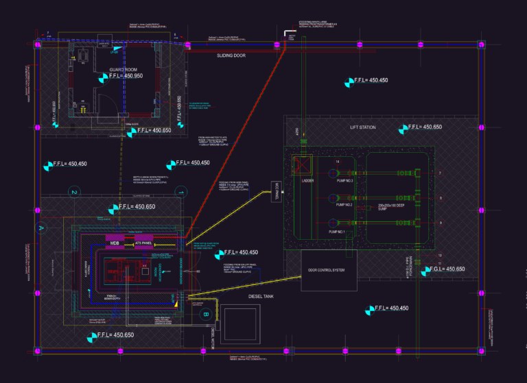CAD site plan of a wastewater lift station with pump locations, guard room, and electrical panel schedules.