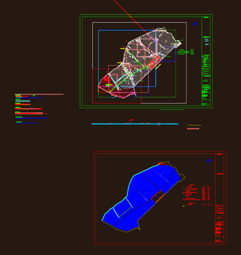 Civil engineering site plan showing topographic contours, road layouts, and storm drainage networks for a large property.