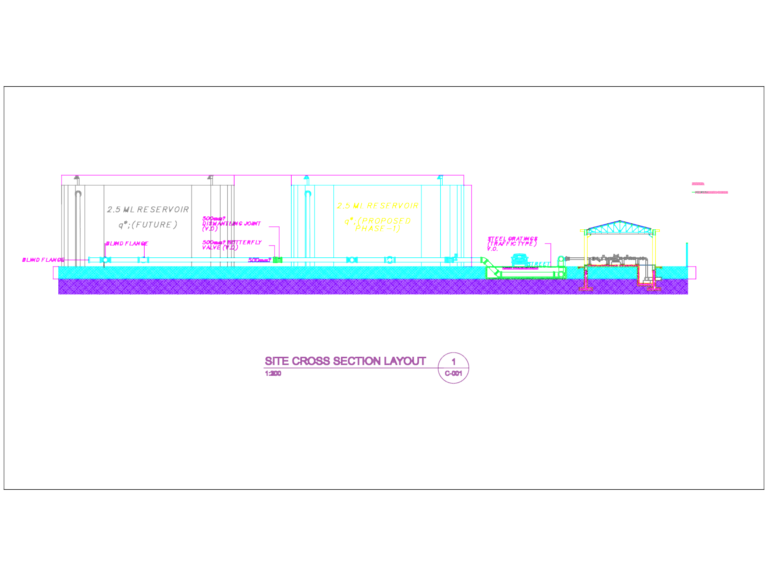 CAD site cross section of a 2.5 ML water reservoir showing two tanks, street crossing, and valve details.