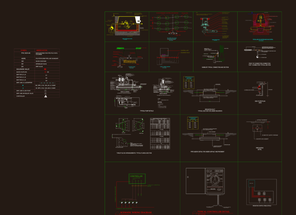 Technical drawings of irrigation components including controller wiring, valves, pumps, and bubbler connections.