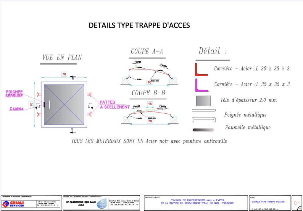 Technical CAD drawing of a 700x700mm steel access hatch showing plan, section views, and hardware components.