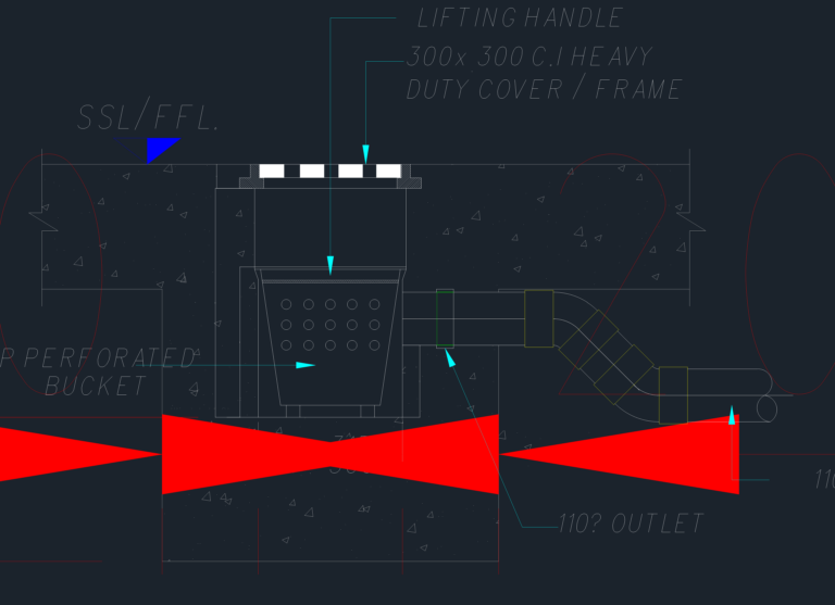 Section drawing of a catch basin with a heavy duty cast iron cover, internal perforated bucket, and 110mm outlet pipe.