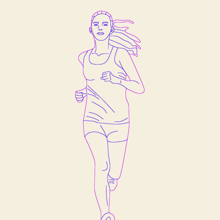 Front elevation silhouette drawing of a woman running in athletic wear.