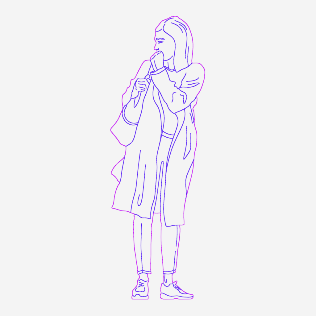 CAD elevation drawing of a woman standing and looking to the side with a bag.